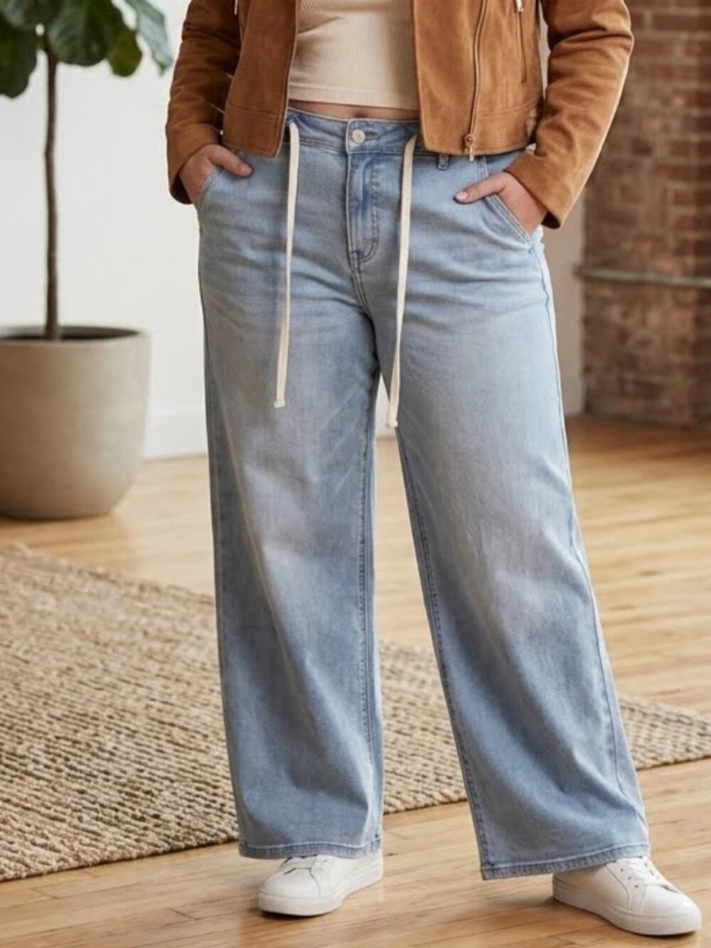 Enjean Woman's Relaxed Baggy Wide Leg Drawstring Denim Raw Hem Jeans Size 3/ 26